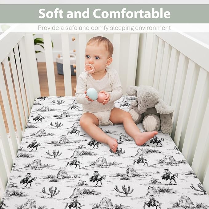 Vintage Western Cowboy Baby Crib Sheets for Boy Girl 28"x52" Retro Cowboy Horse Cactus Soft Stretchy Fitted Crib Mattress Cover Wild Desert Baby Sheet for Standard Crib & Toddler Mattress Pads