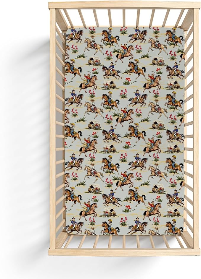 Vintage Cowboy Floral Baby Crib Sheets for Boy Girl 52x28Inch Western Cowboy Horse Soft Stretchy Fitted Crib Mattress Cover Wild West Desert Baby Sheet for Standard Crib & Toddler Bed Mattresses