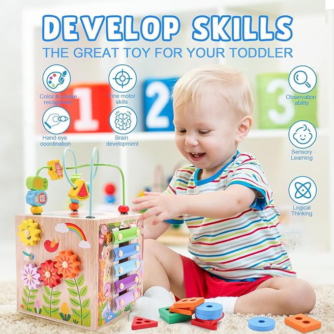Wooden Activity Cube | Montessori Toys for 1 2 3 Year Old Toddlers | One Year Old 1st 2st First Birthday Gift | Educational Toys for 12+ Months Baby Boys Girls | Bonus Sorting & Stacking Game (Blue)