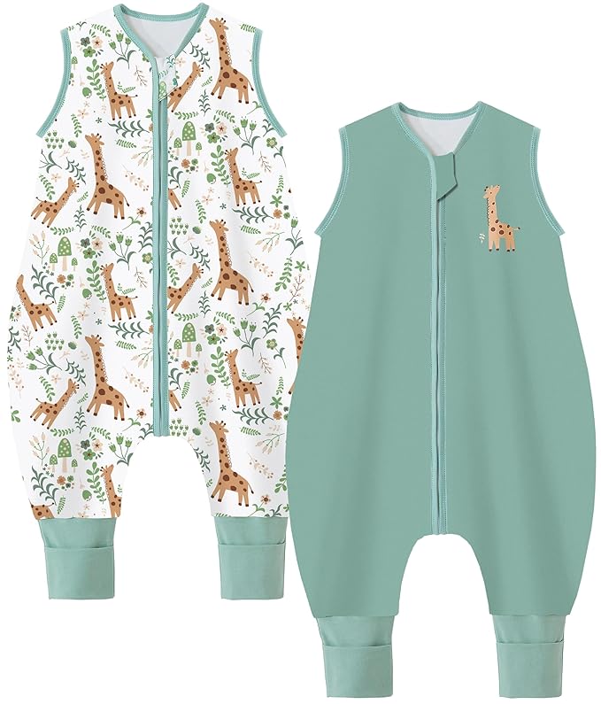Toddler Sleep Sack with Feet 4-5 T, 1.0 TOG Cotton Baby Wearable Blanket with Legs, Sleep Bag Walker with 2-Way Zipper, Green + Giraffe