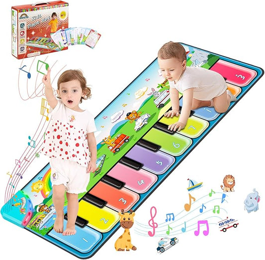FUCEORUY Piano Mat Musical Toys for Toddlers 1-3, Sensory Learning Toy Floor Piano Playmat Toys for 1 2 Year Old Boy Girl Gifts, with 7 Animal, 7 Vehicle & 10 Songs Sound (Kids Edition)