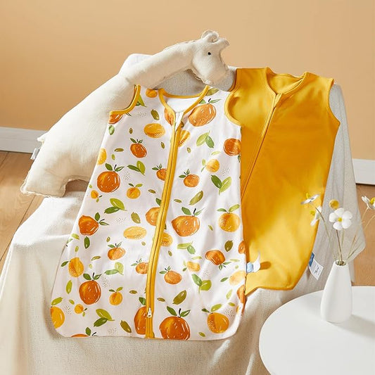 TILLYOU 2 Pack Infant Sleep Sack 0-6 Months 100% Cotton Wearable Blanket 0.5 TOG Sleeveless Summer Sleep Sacks with 2-Way Zipper, Orange Flavour & Orange
