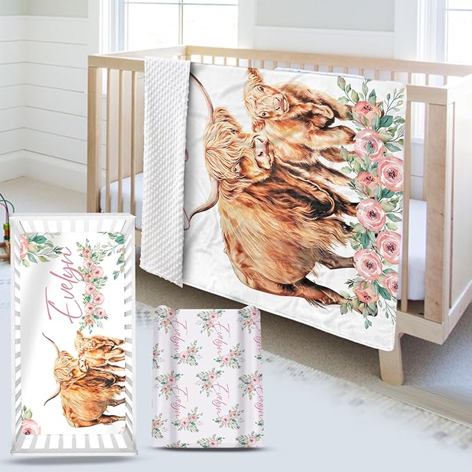 Custom Name Crib Bedding Set - Highland Cow Design, Personalized Floral Nursery Bedding 3-Piece Set– Soft Blanket, Fitted Sheet, Changing Pad Cover – for Newborns Girls Nursery Gifts