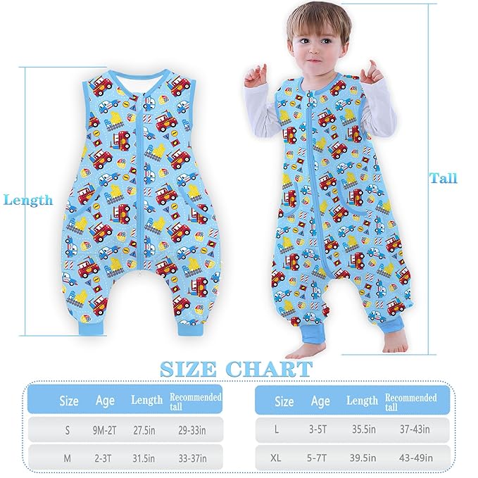 Toddler Sleeping Sack, Toddler Sleep Sack with Feet, Walker Wearable Blanket, Sleep Sack with Legs,0.5Tog（Red Car 9M-2T）