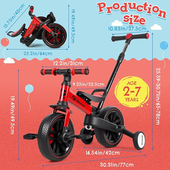Kids Balance Bike with Push Handle, Tricycle for Toddlers 1-3 Years Old, Kids Bicycle with Adjustable Seat, Removable Pedals, Auxiliary Wheels, Foldable Metal Frame
