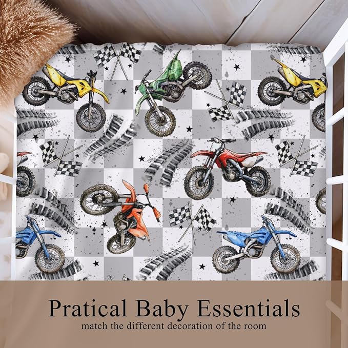 Vintage Motor Bike Checkered Fitted Crib Sheet for Baby Girls Boys 52x28Inch Motorcycle Race Flag Stars Baby Sheet for Standard Crib and Toddler Mattress Racing Vehicles Bed Sheets