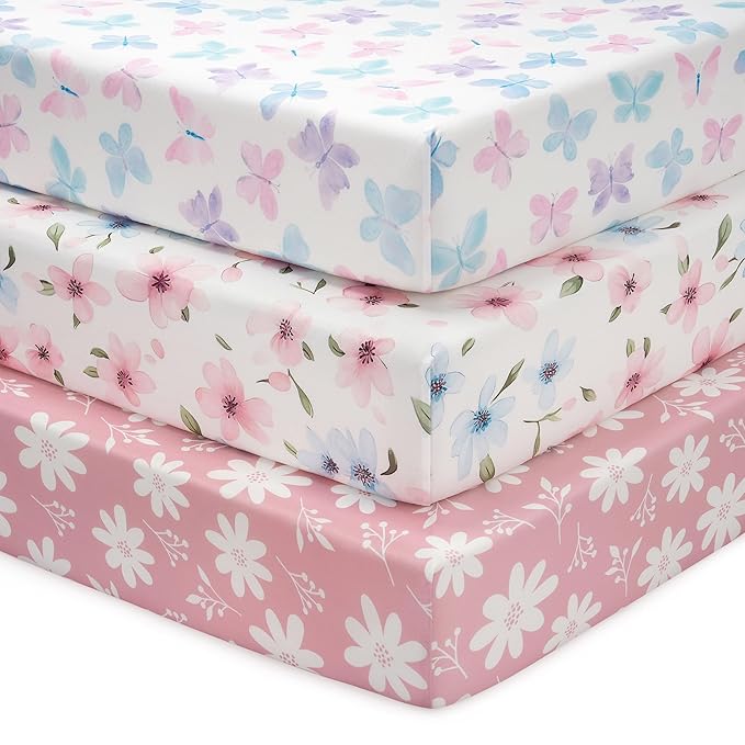 Baby Mini Crib Sheets Girl, Portable 38”x26” Pack and Play Sheets Fitted for Playard and Pack N Play Mattress, 3-Pack Soft Microfiber Pink Butterfly Flower