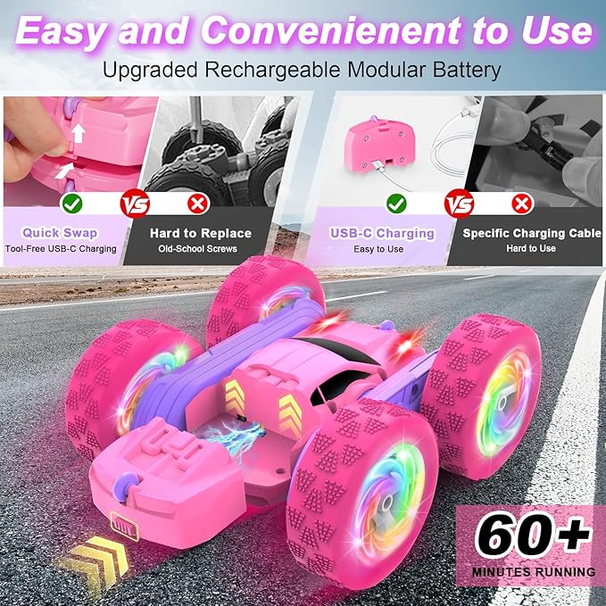 Remote Control Car, RC Cars for Girls, 2.4 GHz Double Sided RC Crawler with Upgraded USB-C Modular Battery, 360°Rotating Car Toys for 6 7 8 9 10 11 12 Year Old Girl Birthday Gift Pink-Purple
