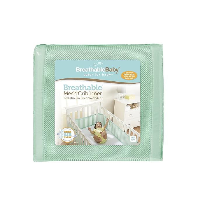 BreathableBaby Breathable Mesh Liner for Full-Size Cribs, Classic 3mm Mesh, Mint Green (Size 4FS Covers 3 or 4 Sides)