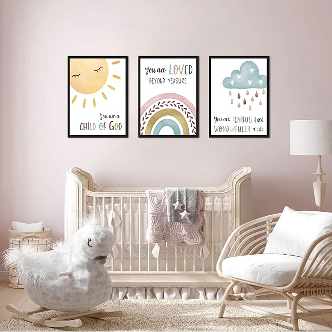 Kids Bible Verse Wall Art, Christian Scripture Wall Decor Paintings Set of 3, Nursery Rainbow Inspirational Posters Prints Pictures for Classroom Kids Room Baby Room Bedroom 12x16 Inch Wood Framed