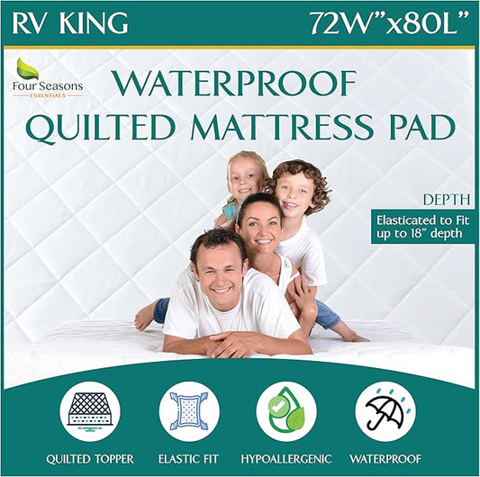 RV King Waterproof Mattress Pad - Fitted Mattress Protector with Quilted Pillow Top Mattress Topper - Premium Quality Hypoallergenic Mattress Cover (72'x80')