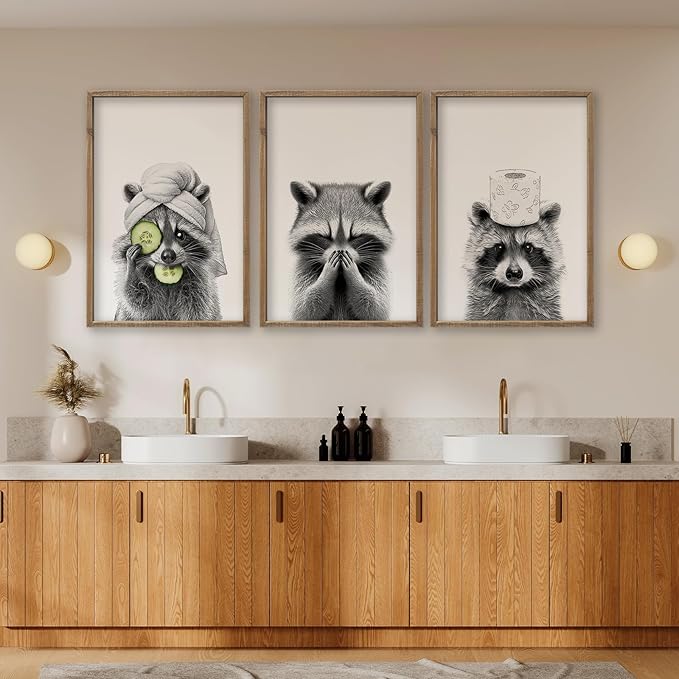 Funny Raccoon Bathroom Wall Decor Art 16x11 Inch Set of 3 Fun Bathroom Modern above the Bathtub Sign Rustic Restroom Farmhouse Cute Washroom Animal Prints Wood Framed Wall Hanging (Wood)