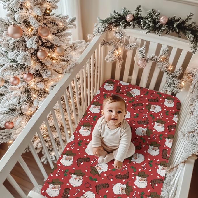 Red Cowboy Santa Christmas Baby Crib Sheets for Boy Girl 52x28Inch Western Santa Hat Boots Fir Leaves Soft Snug Fitted Crib Mattress Cover Wild West Baby Sheet for Standard Crib & Toddler Mattress