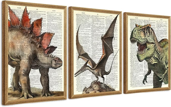 Ovczax 3 Pieces Dinosaur Wall Art - Dinosaur Wall Decor For Boys Room, Tyrannosaurus Rex, Pterodactyl, Stegosaurus Canvas Wall Art Poster 24" x 16"With Framed