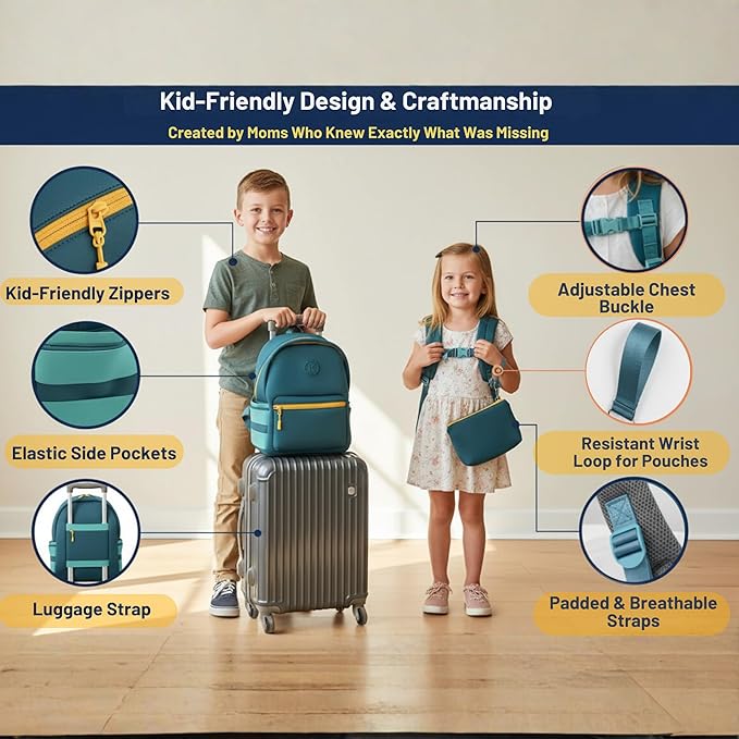 Kaywee 3pc Neoprene Kids Backpack SET 13inch | 2 zipper pouch & AirTag holder for kids | Preschool backpack for school | BLUE Toddler backpack boy and girl Ages 3-8