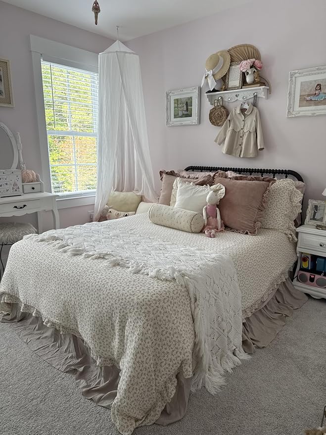 BuLuTu Muslin Kids Duvet Cover for Full Size Bed, Vintage Farmhouse Duvet Covers with Ruffles, Soft Cotton Comforter Cover, Camellia, Zipper Closure & Corner Ties, No Comforter