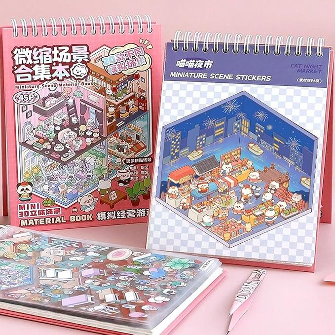 20 Sets 3D Sticker Therapy Scene Material Book,DIY 3D House Stickers Set for Adults,Rich Collection of 3D Space Stickers and Storage Spiral Notebook,Room Stickeer Book for Adults Kids