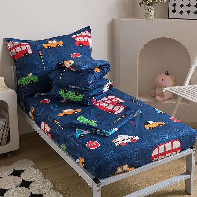 Caressma Twin Size 5 Pieces Comforter Set Bed-in-a-Bag,Soft Fabric Print Cars,Buses & Traffic Lights.Includes Comforter, Fitted Sheet, Flat Sheet, Pillow Case & Pillow Shame for Kids