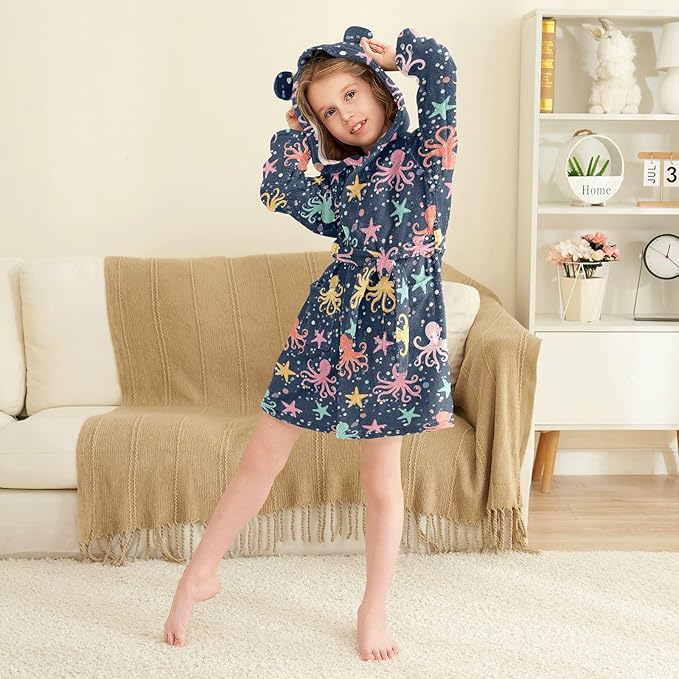 Toddler Baby Hooded Bathrobe for Boys Girls Soft Plush Bath Towel Robe with 2 Pockets for 2-12 Years