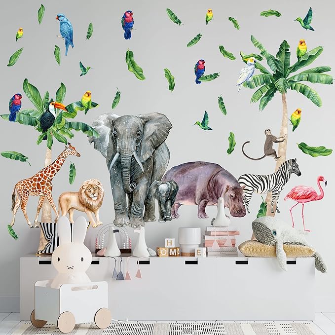 Safari Animal Wall Decals for Kids by Lipastick-Peel and Stick Jungle Stickers Giraffe, Elephant, Hippo, Palm Tree, Parrot for Toddlers Room, Nursery, Playroom, Classroom, Daycare Decor Art- L Size
