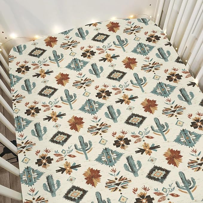 Tribal Cactus Totem Baby Crib Sheets for Boy Girl 28"x52" Vintage Cactus Soft Stretchy Fitted Crib Mattress Covers Western Cactus Nursery Baby Sheets for Standard Crib and Toddler Bed Mattress