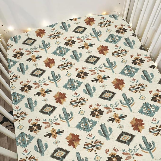 Tribal Cactus Totem Baby Crib Sheets for Boy Girl 28"x52" Vintage Cactus Soft Stretchy Fitted Crib Mattress Covers Western Cactus Nursery Baby Sheets for Standard Crib and Toddler Bed Mattress