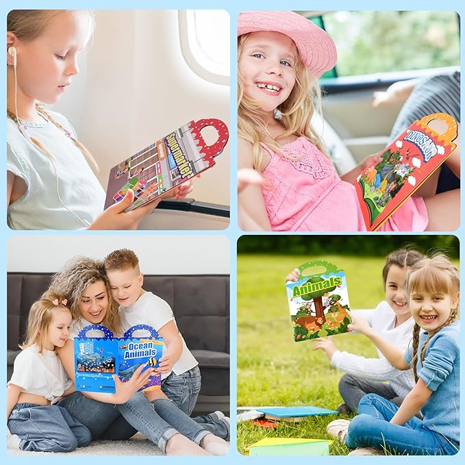 ASTARON 3 Pack Reusable Jelly Sticker Books for Kids, Cute Waterproof Dinosaurs Animals Vehicles Stickers, Portable Travel Toys and Educational Sensory Learning Toys (3-6 Age)