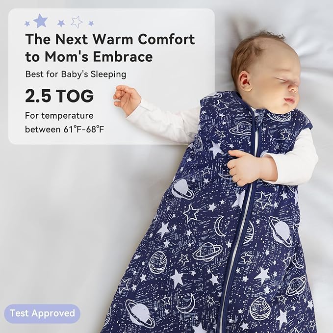 Baby Sleep Sack 6-12 Months TOG 2.5 Winter Baby Wearable Blanket, 100% Cotton Toddler Sleeping Sack with 2-Way Zipper Warm Soft Blue Planet