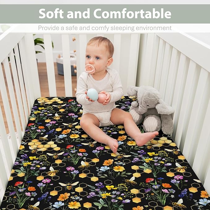 Boho Wildflower Bees Honeycomb Baby Crib Sheets for Boy Girl 52x28Inch Watercolor Honeybee Floral Soft Snug Fitted Crib Mattress Cover Summer Baby Sheet for Standard Crib and Toddler Bed Mattress