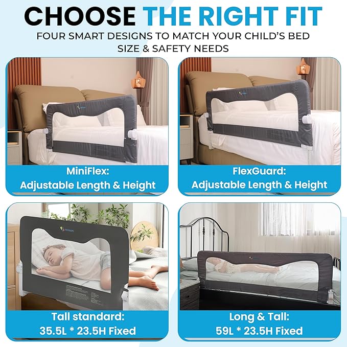TotCraft Flexguard Height & Length Adjustable Bed Rail for Toddlers – Fits Twin, Full, Queen & King Beds – 35.5″ or 59″ Two Fixed Lengths – 14 Height Levels – ASTM Certified Kids Safety Guard (Grey)