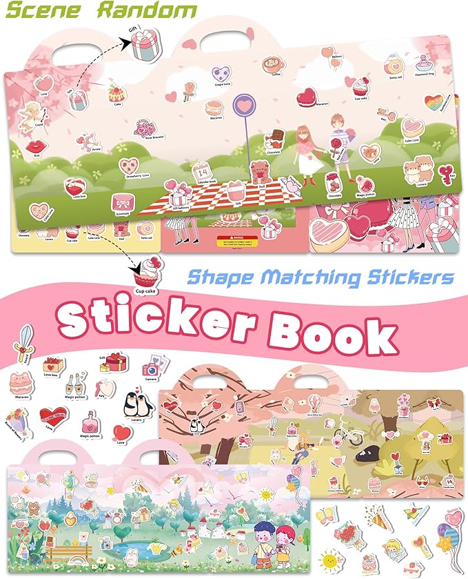 Walenced Reusable Sticker Book for Toddlers, Stickers for Kids, Toddler Sticker Book, Toddler Craft Activities, Toddler Travel Toys Ages 3 and Up Boy Girl Birthday Gifts - Valentines