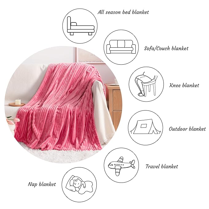 NTBAY Plush Flannel Twin Bed Blanket, 60X80 Inches Soft and Warm Lightweight Blanket with Striped Texture Bed Blanket for Couch Sofa Bed All Seasons, 60"x80", Coral Pink
