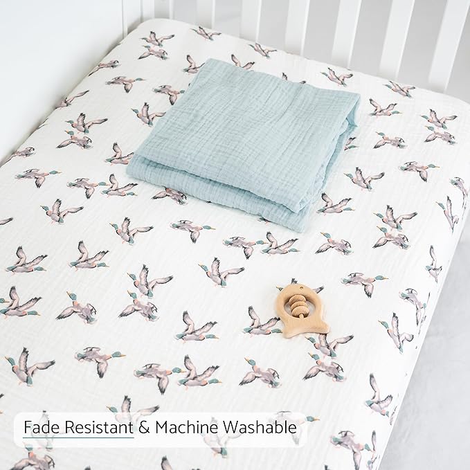 LollyBanks Muslin Crib Sheets 2 Pack, Soft and Breathable Baby Crib Sheets for Standard 52 x 28 inches Mattress, 100% Cotton Neutral Baby Bed Sheet, Infant Registry (Mallard Duck and Solid Green)
