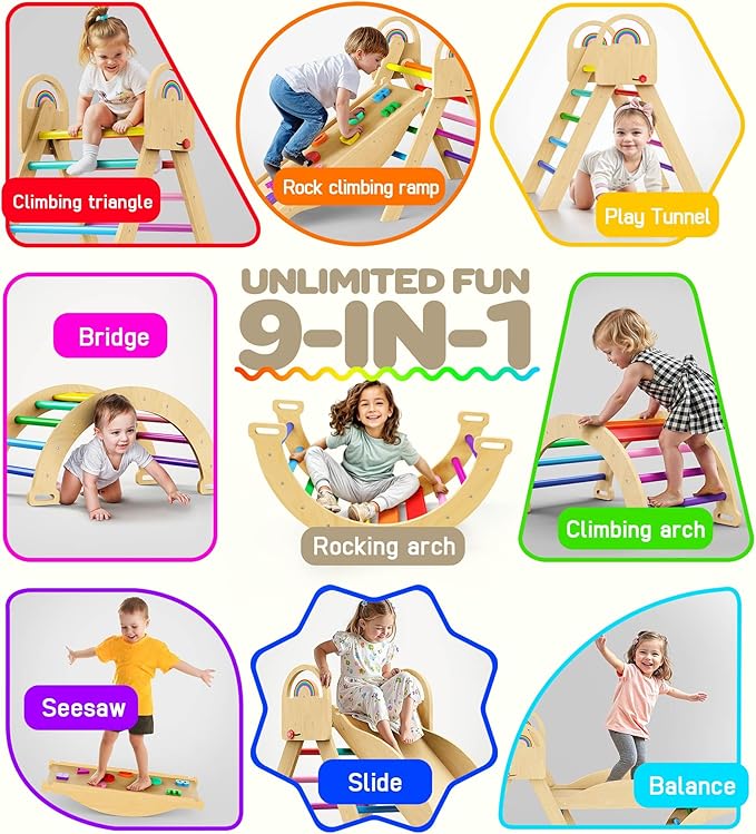 Pikler Triangle Set, 9-in-1 Montessori Climbing Toy for Toddlers, Foldable Wooden Indoor Jungle Gym & Playground Climber for Learning and Motor Skills (18 Months–7 Years)