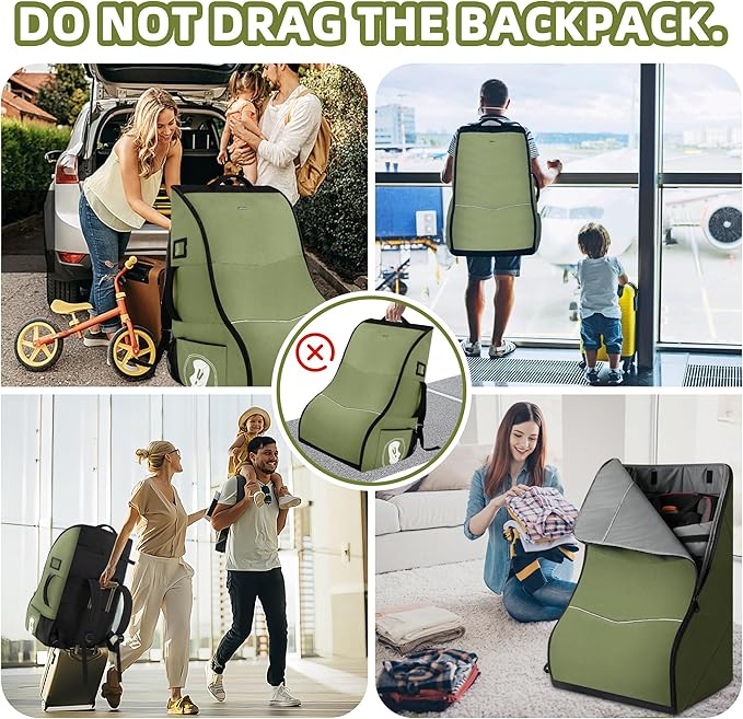 DerBiedersinn Car Seat Travel Bag for Airplane – Waterproof Heavy Duty Carseat Backpack for Gate Check or Airport Travel – Fits Infant, Convertible & Booster Seats, Army Green