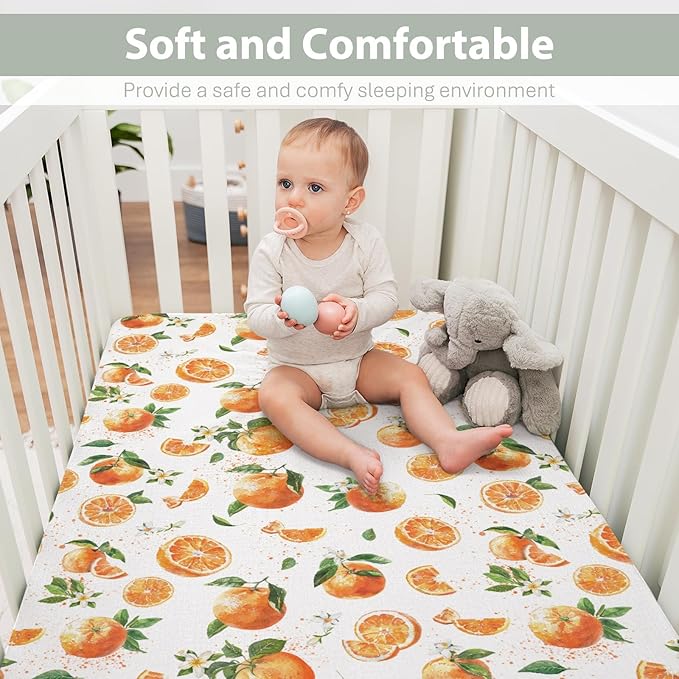 Watercolor Oranges Baby Crib Sheets for Boy Girl 52x28Inch Orange Branches Flowers Leaves Soft Snug Fitted Crib Mattress Cover Summer Citrus Fruit Baby Sheet for Standard Crib & Toddler Bed Mattress