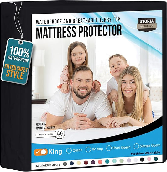 Utopia Bedding Waterproof Mattress Protector King Size, Premium 200 GSM Terry Mattress Cover, Soft & Breathable Bed Cover, Fitted Sheet Style with Stretchable Deep Pockets 17" (Black)