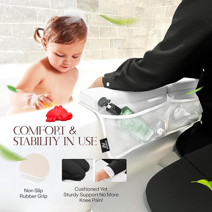 Baby Bath Kneeler & Elbow Rest Pad Set | Extra Thick 1.5” Foam That Relieves Knee & Elbow Pressure | Non-Slip Suction Stability | Machine Washable, Quick-Dry | Brush & Washcloth Gift Included