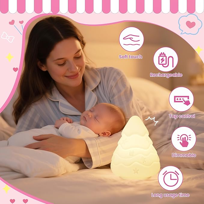 loatme Night Light for Kids, Rechargeable Dimmable Silicone LED Nightlight with 7 Colors, Baby Nursery Night Lamp, Touch Squishy Lamp, Cute Gifts for Girls, Boys, Toddler Room Decor, Christmas Tree