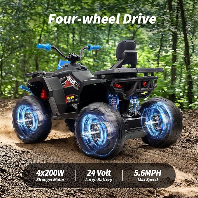 Kids ATV 4 Wheeler, 24V 4WD Electric ATV Ride On Toy for Big Kid w/ 2-Seater, 4x200W Motor, 5.6Mph Max Speed - Blue
