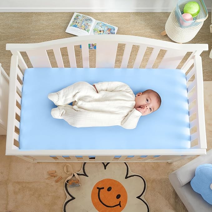 Horbaunal 2 Pack Satin Pack n Play Sheets for Baby with Sensitive Hair and Skin, Silky Mini Crib Sheets 38" x 24" x 5", Soft Playard Sheet Protector Baby Mattress Sheet, Baby Blue & Grey