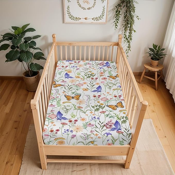 Vintage Wildflowers Butterflies Baby Crib Sheets for Boy Girl 52"x28" Colorful Spring Blossoms Soft Snug Fitted Crib Mattress Cover Wild Plant Baby Sheet for Standard Crib and Toddler Bed Mattress