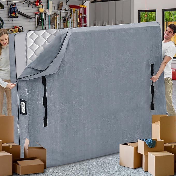 Mattress Bags for Moving and Storage, BETU Full Size Waterproof Mattress Protector Mattress Cover with 8 Heavy Duty Handles and Zipper Extra Thick Moving Supplies for Bed Reusable (77x57x13.5 Grey)