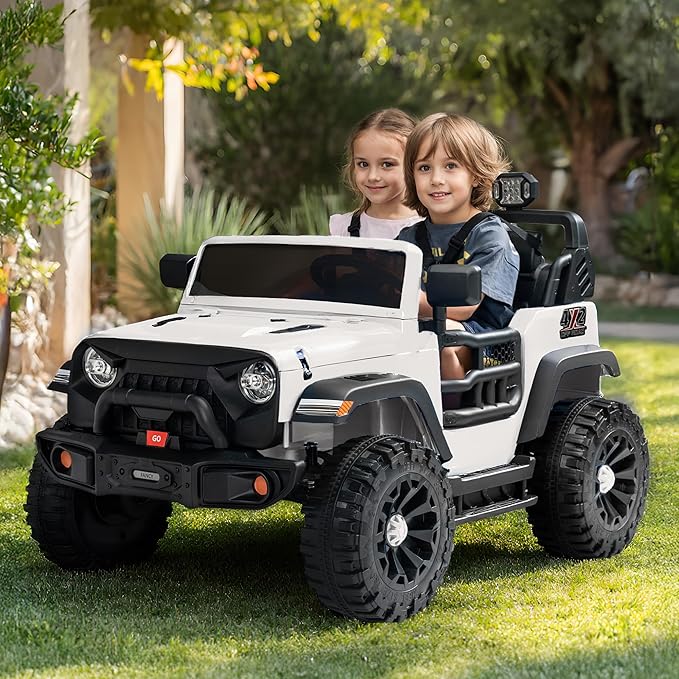 2 Seater Ride on Car Toy, 12V Electric Car for Kids 4-8 with Remote Control, Capacity 150 lb, LED Light - White