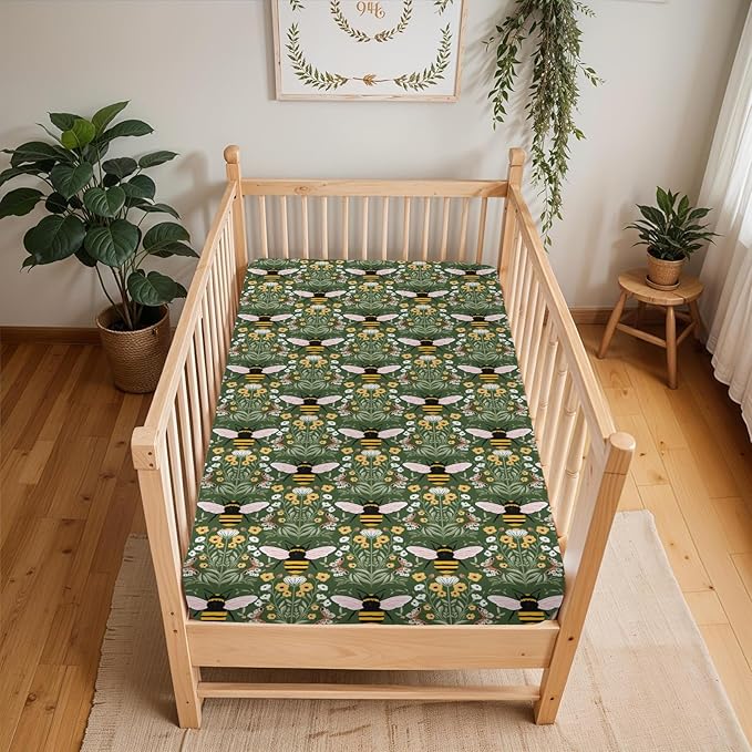 Bee Honey Garden Green Baby Crib Sheets for Boy Girl 52"x28" Boho Floral Bees Honey Butterflies Soft Snug Fitted Crib Mattress Covers Spring Summer Baby Sheet for Standard Crib & Toddler Bed Mattress