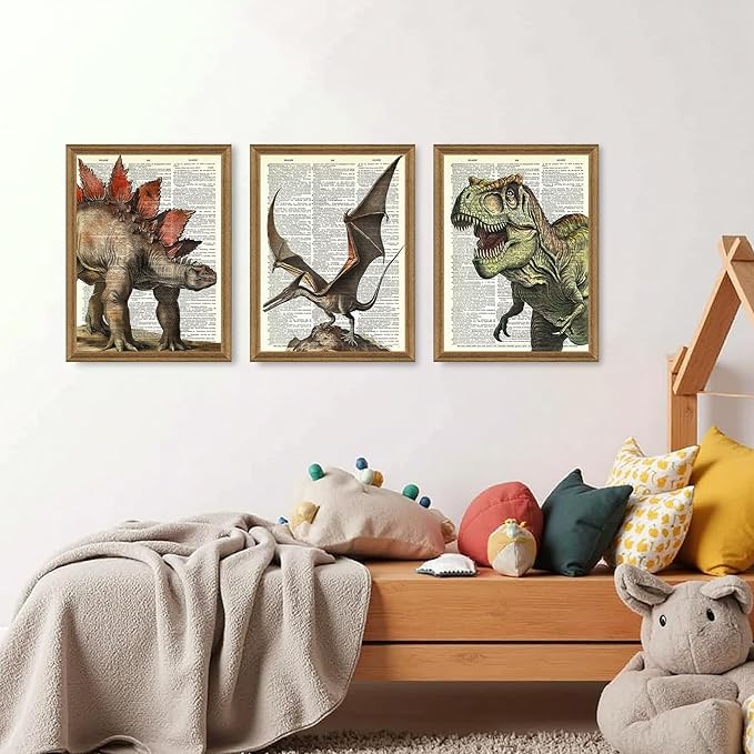 Ovczax 3 Pieces Dinosaur Wall Art - Dinosaur Room Decor, Tyrannosaurus Rex, Pterodactyl, Stegosaurus Canvas Wall Art Poster 16" x 12" With Framed