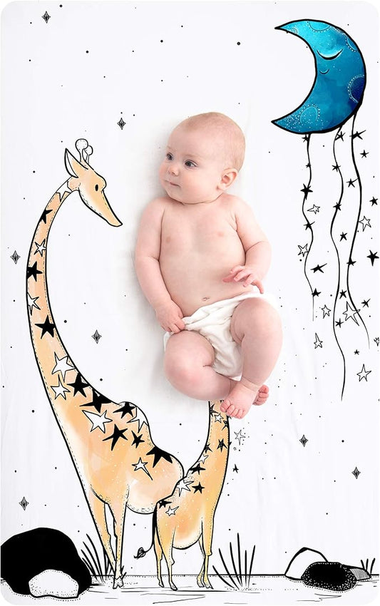 JumpOff Jo – Fitted Mini Crib Sheet (24 x 38 x 5 Inches) - Fits Portable Crib, Playard, and Playpen Mattresses and Mats - Soft 100% Cotton – Giraffe & A Calf