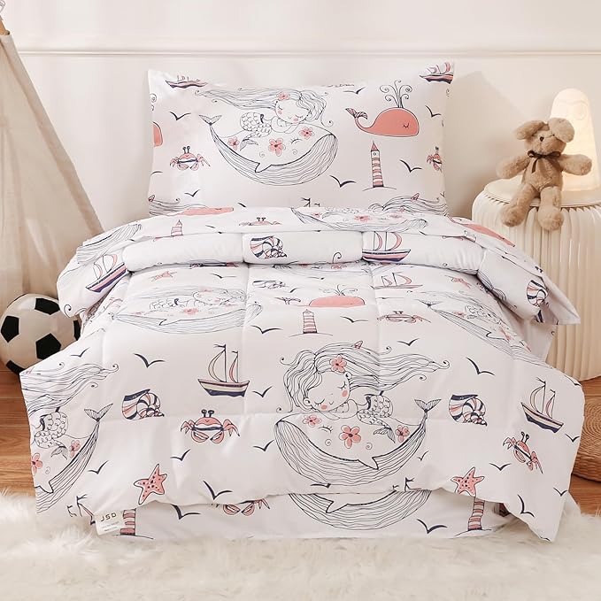 JSD Mermaid Toddler Bedding Set, 4 Piece Ocean Theme Bed-in-a-Bag Toddler Comforter Sheet Set, Machine Washable