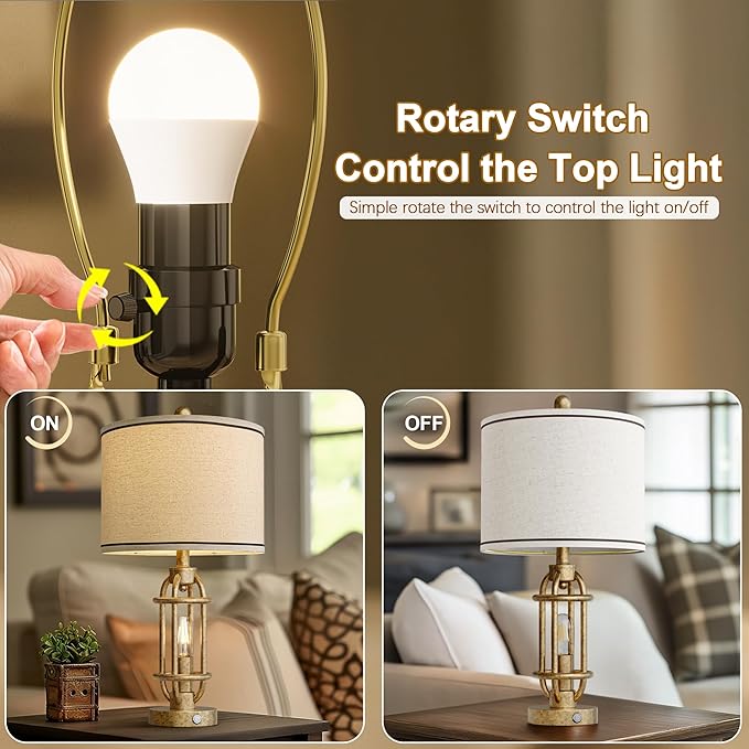 G-SAFAVA 23.75'' Table Lamps Set of 2 for Living Room Bedroom Industrial Farmhouse Metal Touch Lamps with USB A+C Ports, Night Light Vintage Nightstand Bedside Lamp, Bulbs Included, Champagne Gold