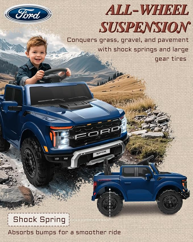 First Ride On 12V Electric Car for Kids, Licensed Ford F-150 Raptor Toddler Ride on Toys with Remote Control, Kids Ride on Truck with Smooth Start, Truck Bed Storage, Bluetooth (Blue)